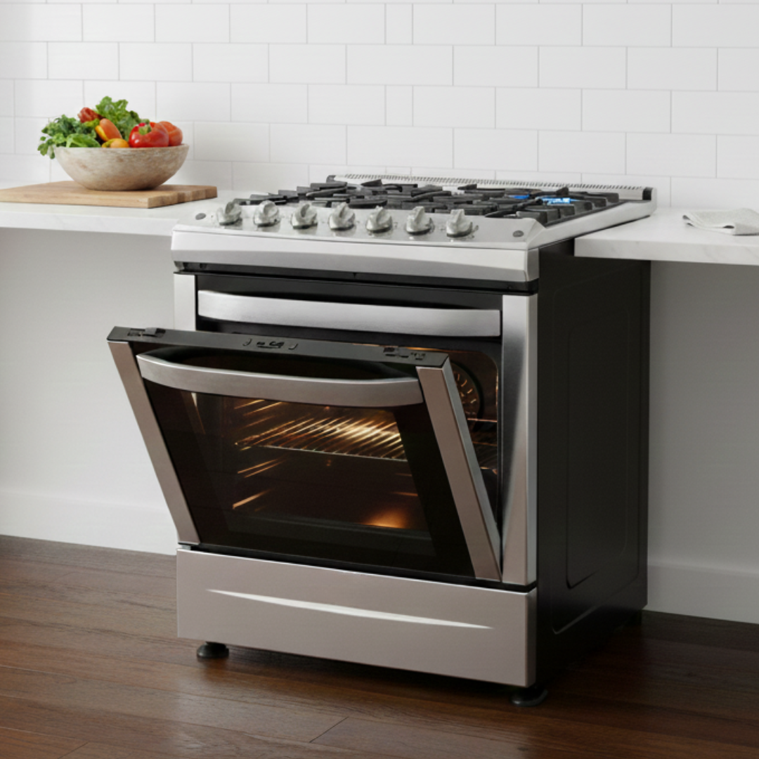 Een moderne keuken met een stalen fornuis en oven, op het aanrecht staat een kom vol verse groenten en fruit.