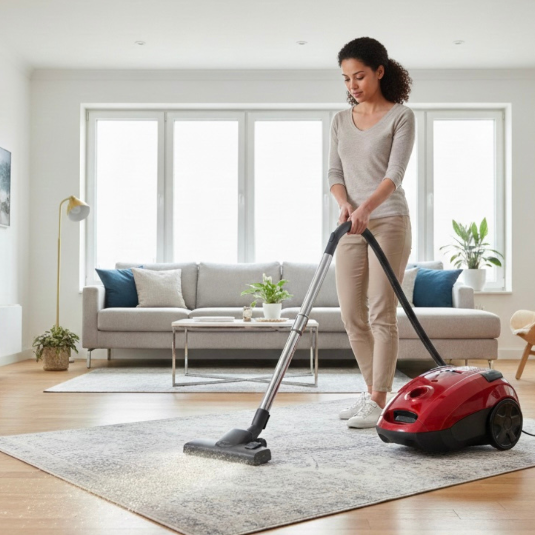 Vrouw die met een stofzuiger de vloer in een woonkamer zuigt.