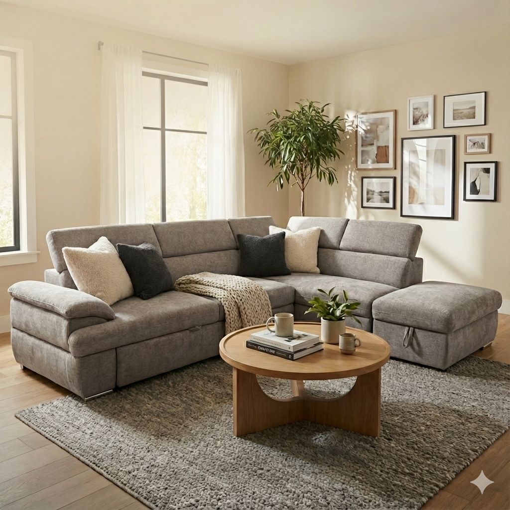 Woonkamer met een grote grijze L-vormige bank, een rechthoekige houten salontafel met boeken, bekers en planten, lichte muren met meerdere ingelijste foto's, een grote groene plant en twee grote ramen met witte gordijnen, vloerkleed op houten vloer.