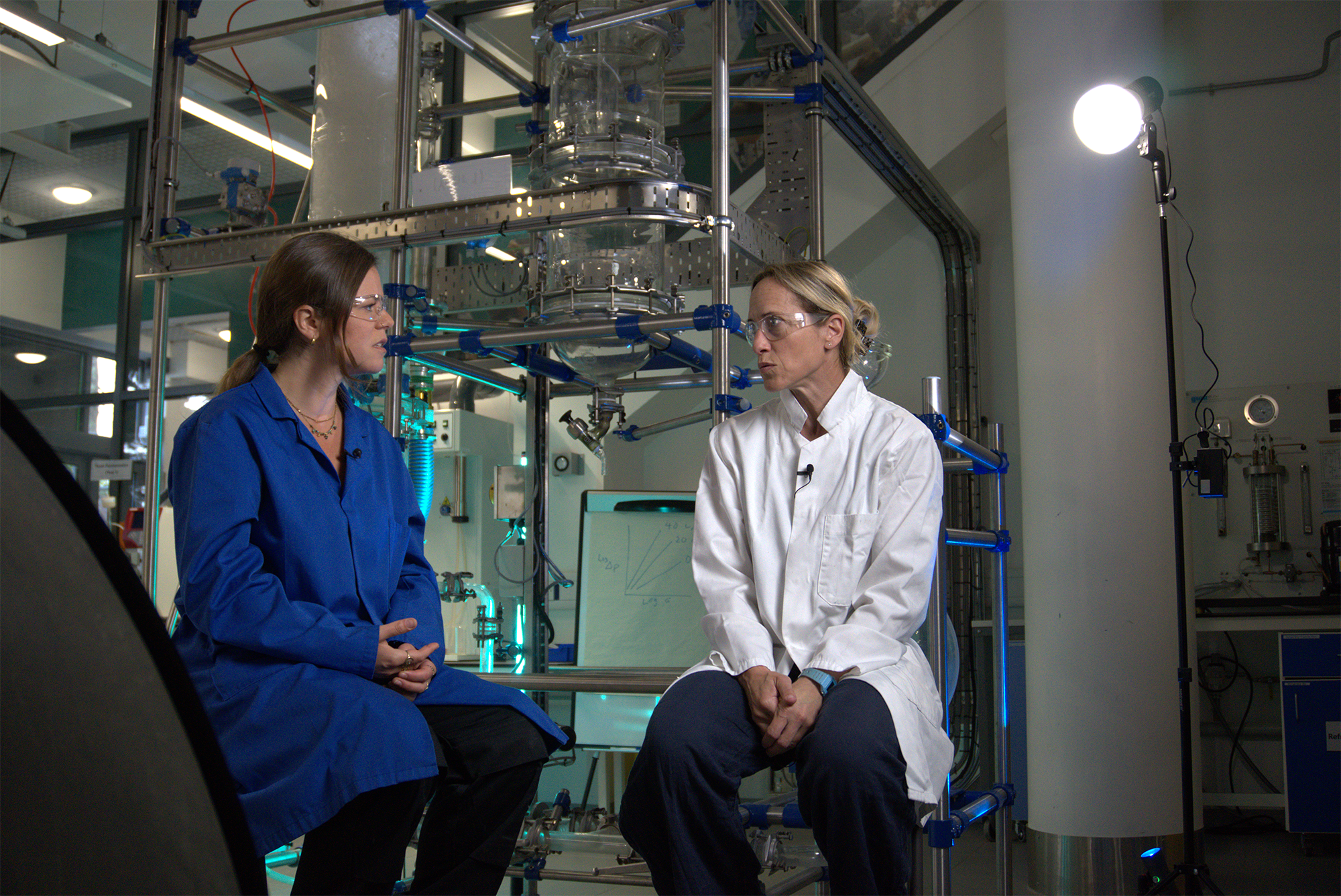Behind the scenes of filming an interview in a lab at the Univeristy of Bath