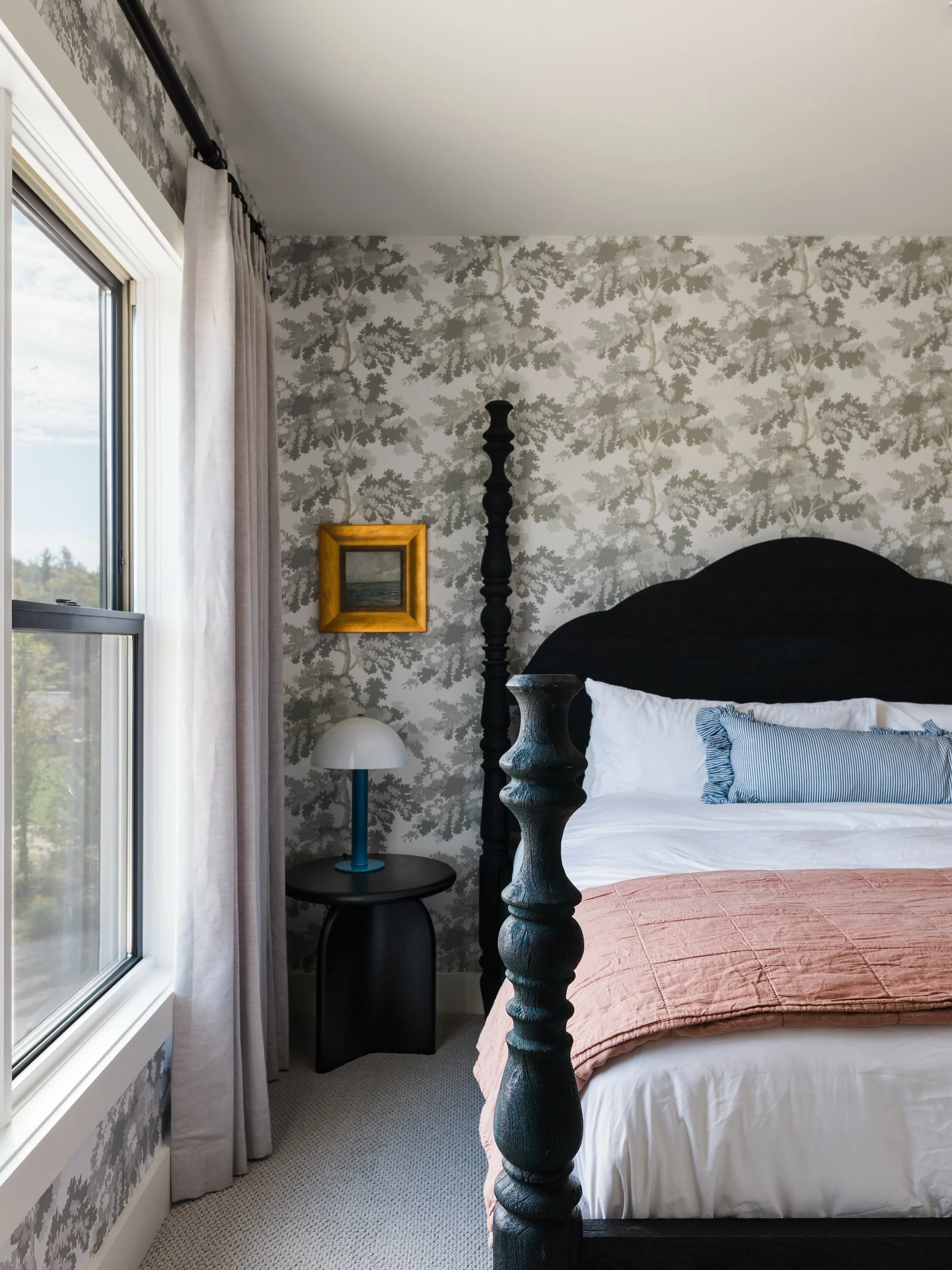 At our Walloon Condos project, we wanted this room to feel inviting from the moment you set down your bag. The room feels comfortable, a little unexpected, and full of details you might not choose at a permanent residence. Color, pattern, and contras