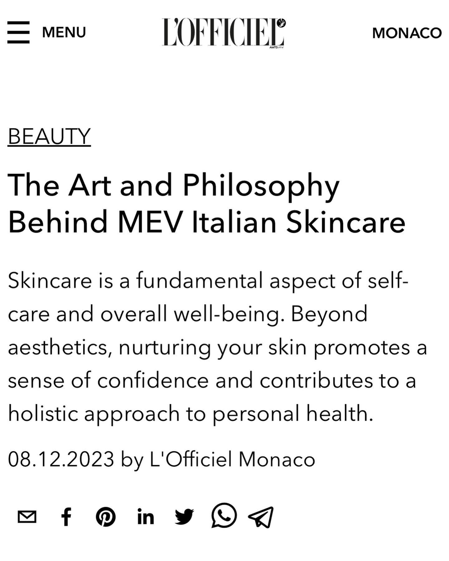 We are so proud to see MEV Skincare featured on @lofficielmonaco! 🌟 It&rsquo;s a testament to our commitment to beauty and wellness. 
Join us on this exciting journey by clicking the link in our bio. 
Thank you for the recognition and for the articl