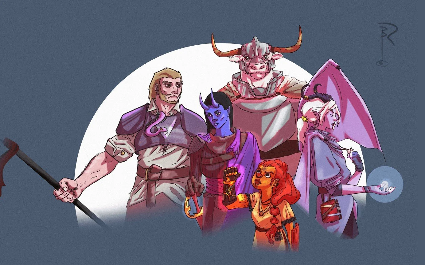 Concept art developed as cover for a party of multiple heroes from personal TRPG game.