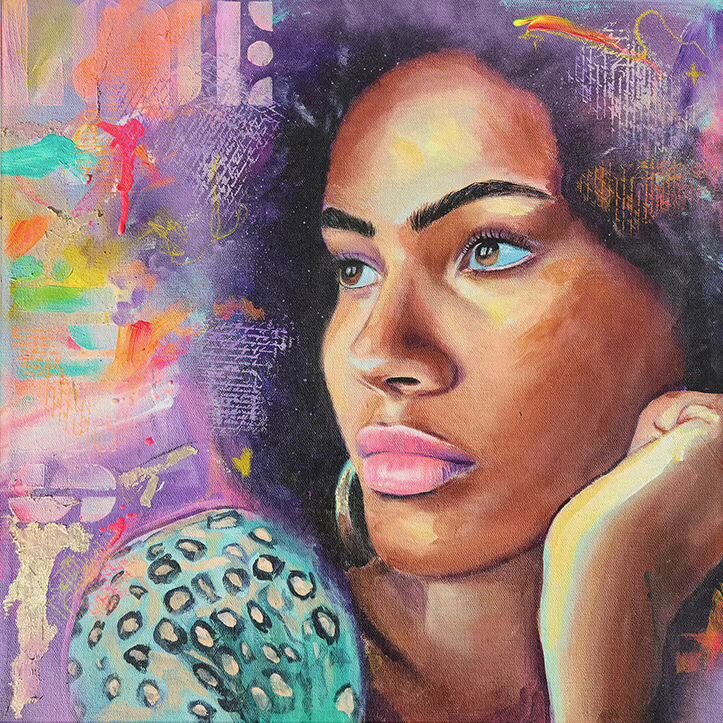 &quot;Introspection&quot; is my second painting for the Sweet 16 Art Show. It's a mixed media on canvas that celebrates the beauty of self-compassion, determination, and the magic that arises when we confront our internal struggles. This piece is a r