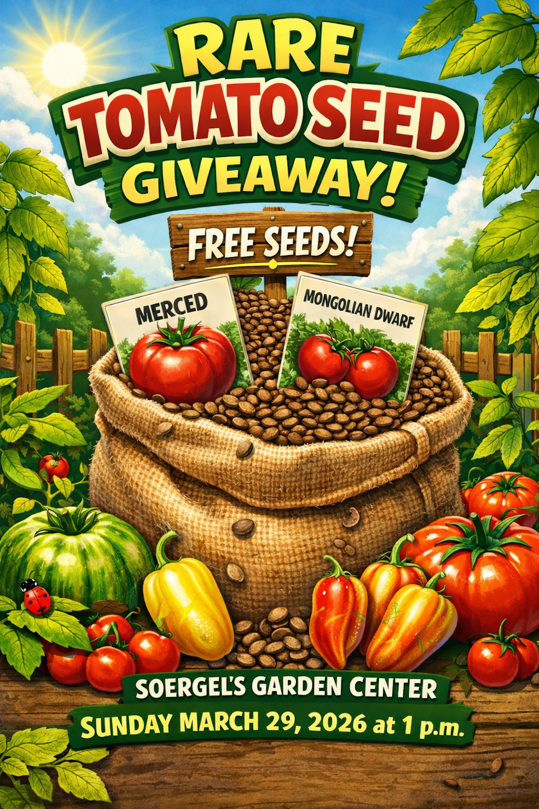 Free rare heirloom tomato/pepper seeds Sunday 3/29/26 at Soergels 1pm