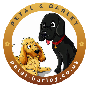 Logo of Petal & Barley featuring two illustrated dogs, a golden retriever and a black Labrador, within a circular design.