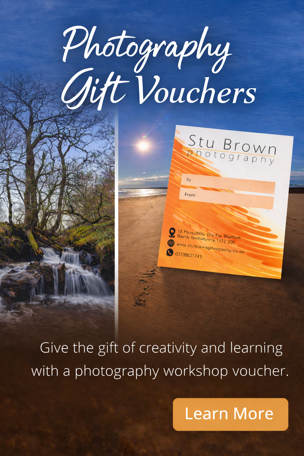 A promotional image for photography gift vouchers featuring a split background with nature on the left and a beach on the right, and a sample gift voucher in the foreground.