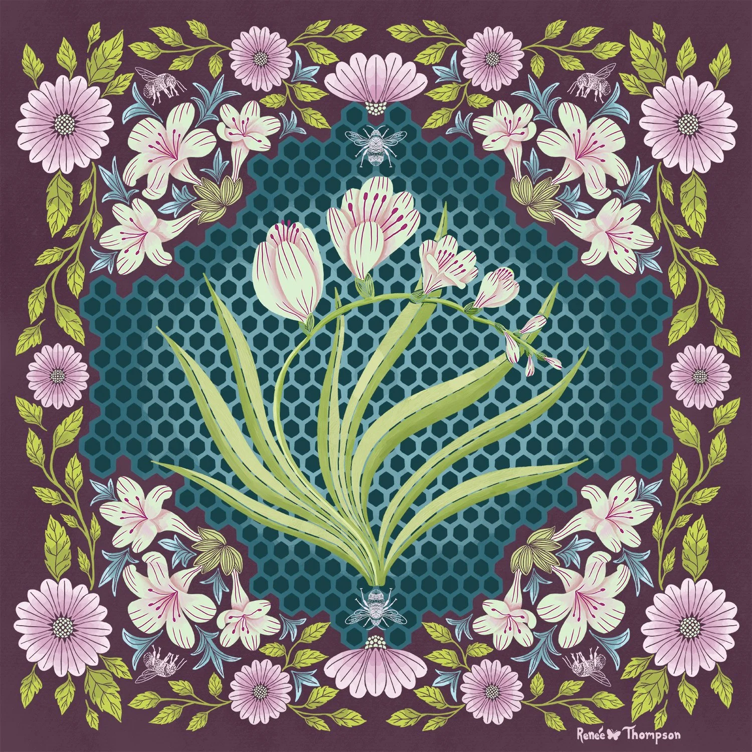 Pink freesias and bees 