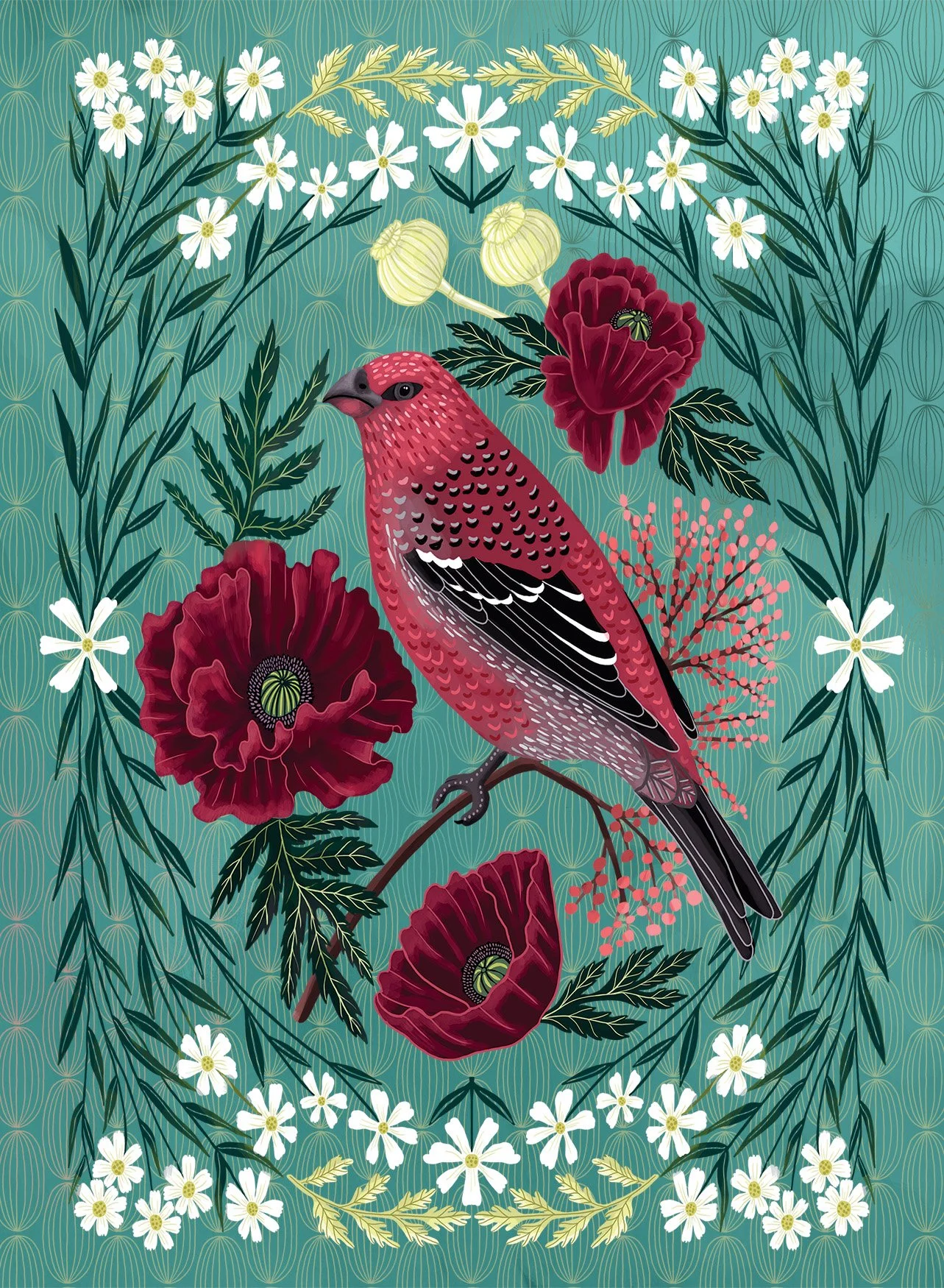402 Pine Grosbeak & Poppies