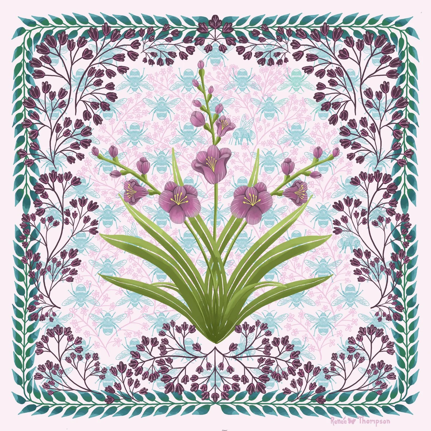 Purple freesias and bees