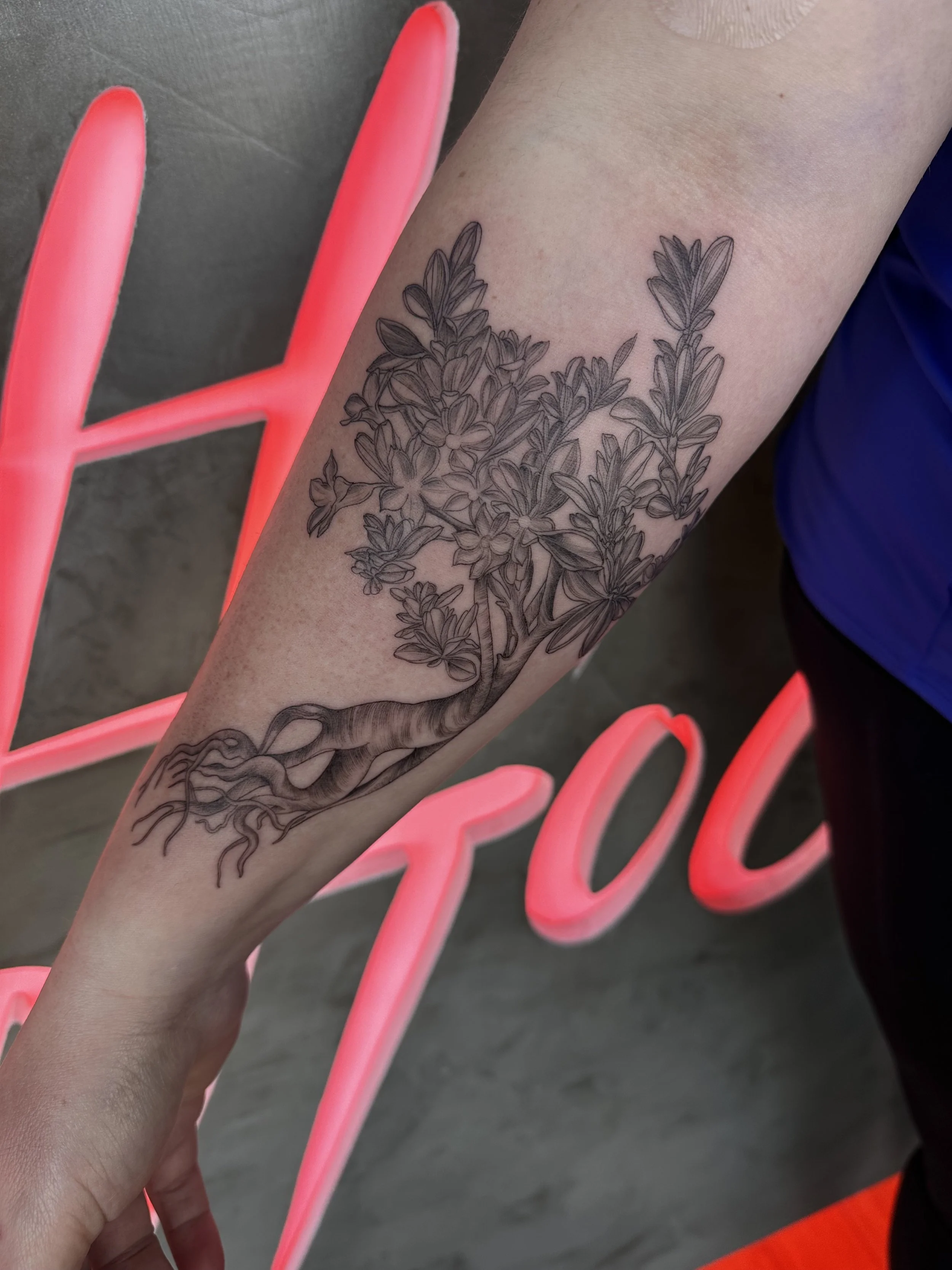 Fine line tattoo tree with leaves and roots