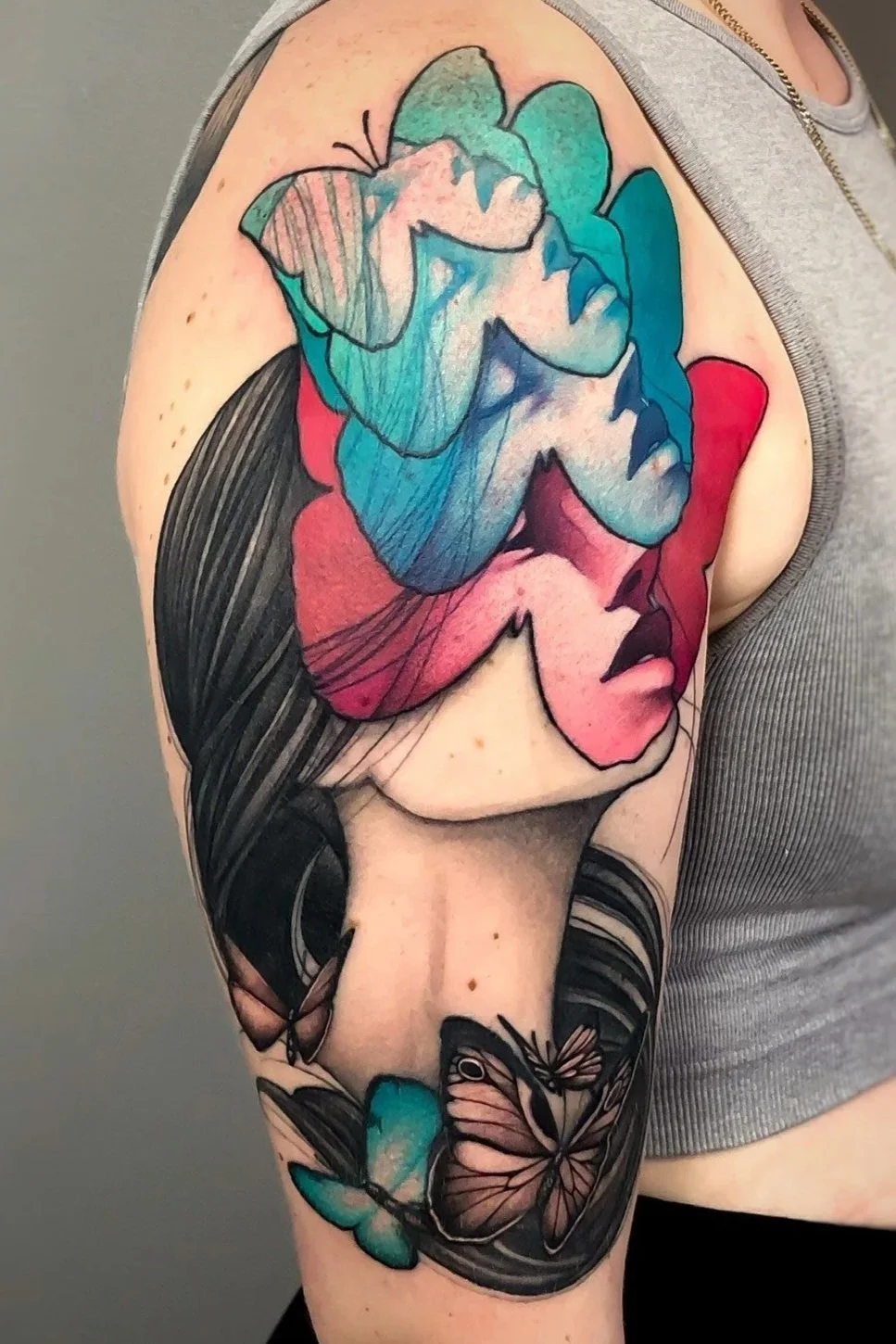 colour tattoo surreal face with butterfly