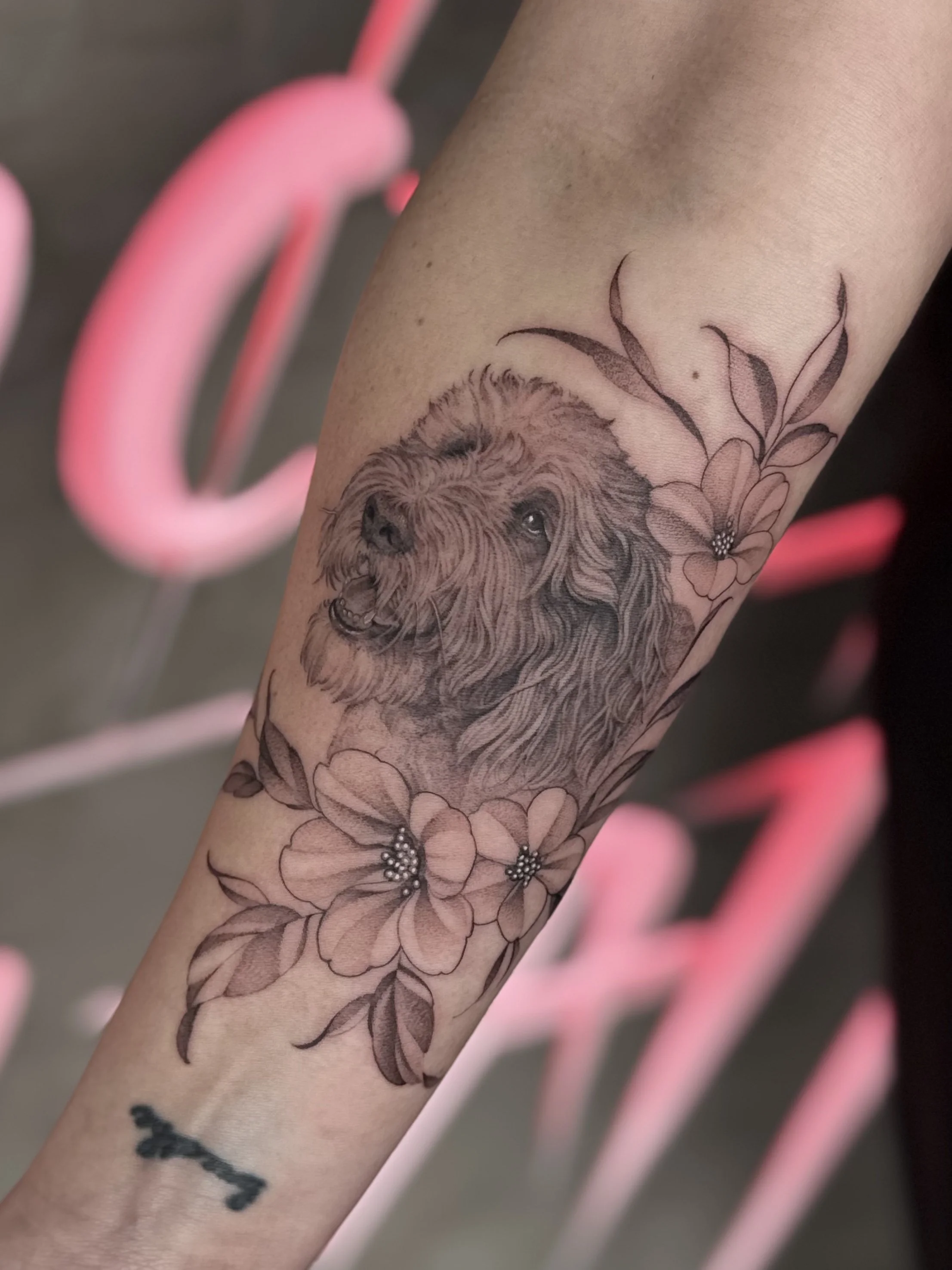 Fine line dog portrait tattoo