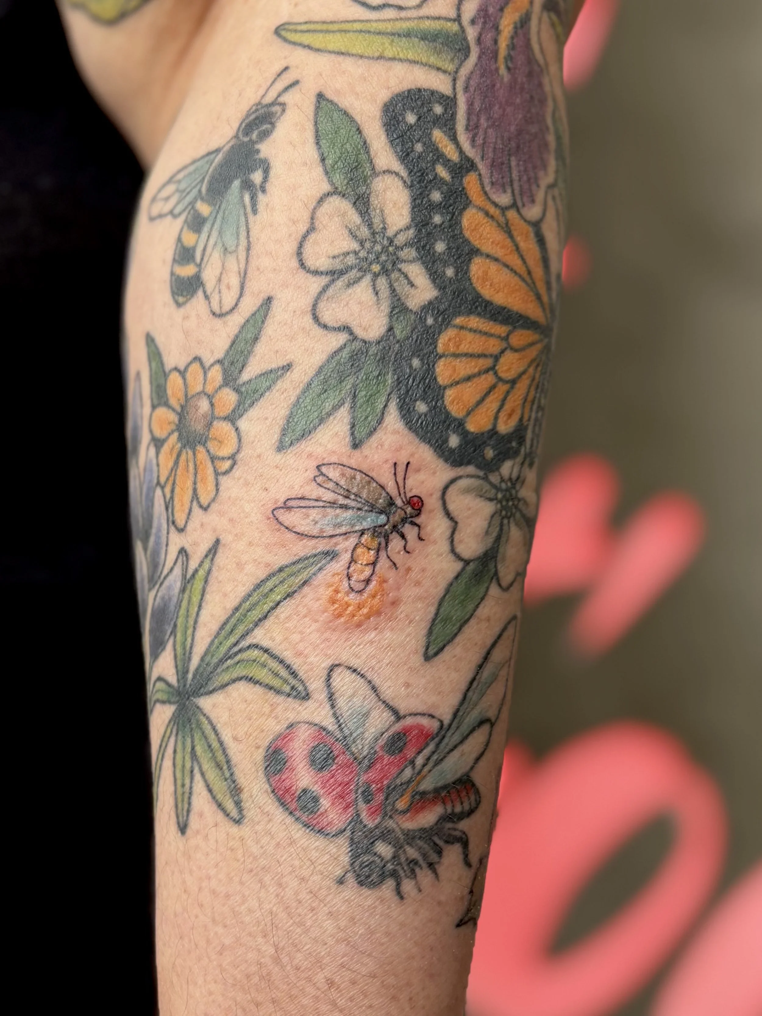 colour firefly tattoo with other bugs and florals