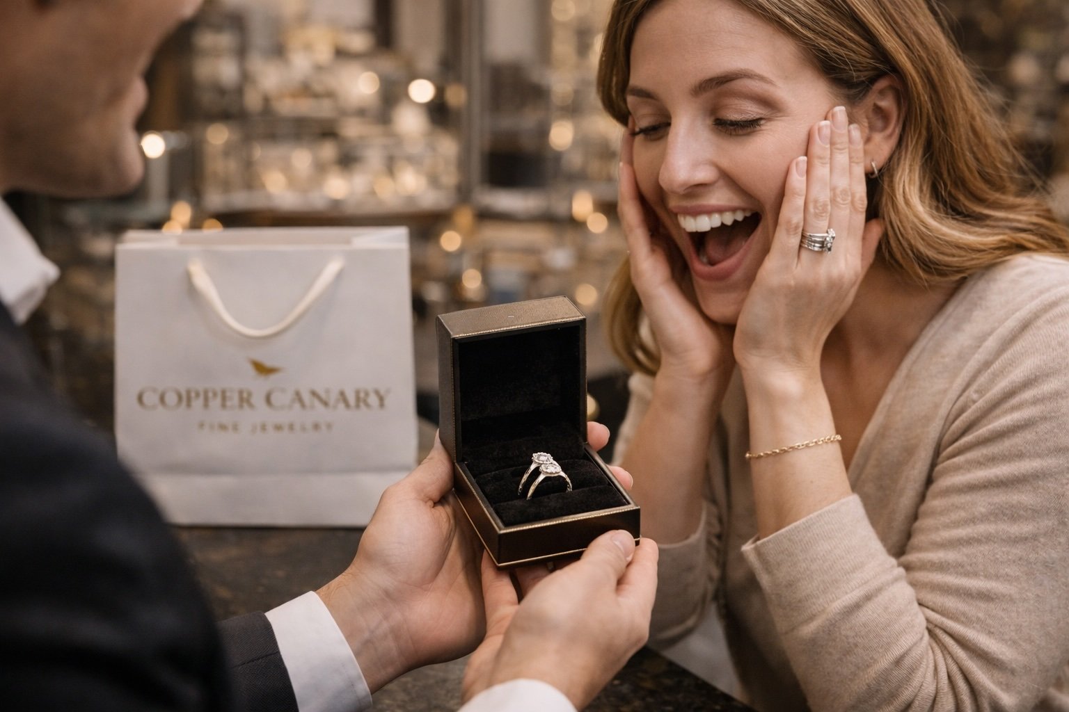 Woman happy about jewelry cleaning at Copper Canary Fine Jewelry