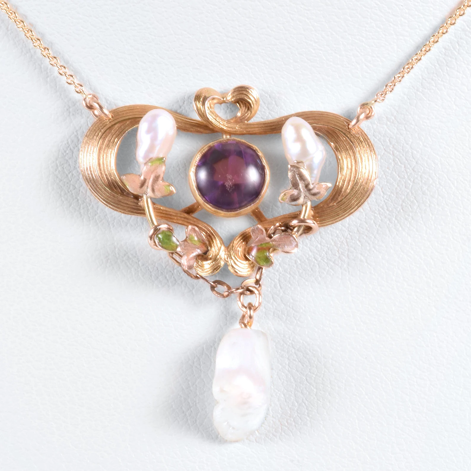 Antique 14k Yellow &amp; Rose Gold Victorian Enamel Amethyst and Fresh Water Pearl Conversion Necklace