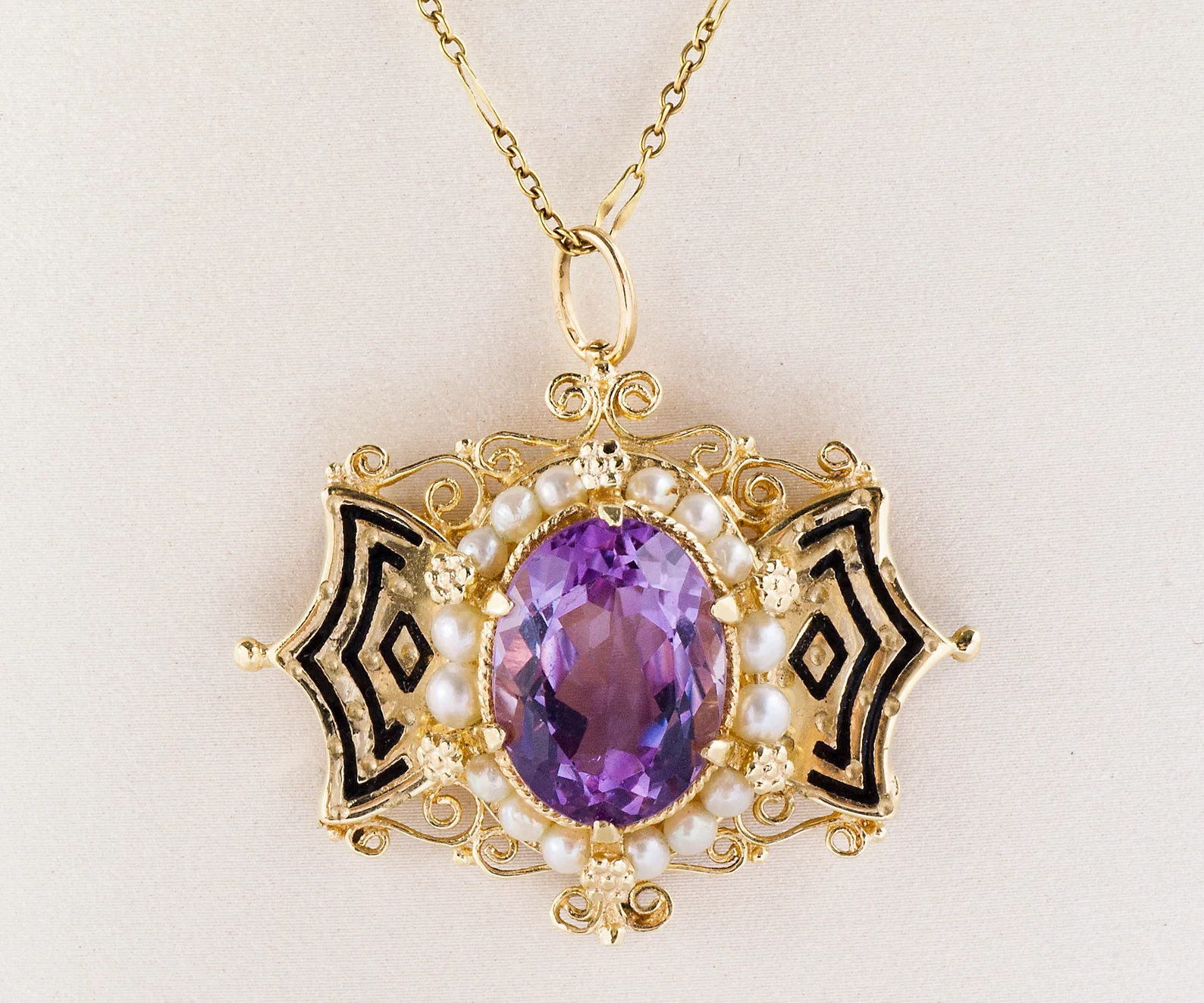 Vintage 14k Yellow Gold Amethyst and Pearl Pendant