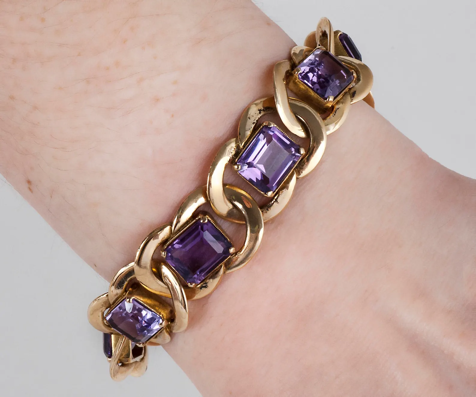 Vintage 14k Rose Gold Amethyst Link Bracelet