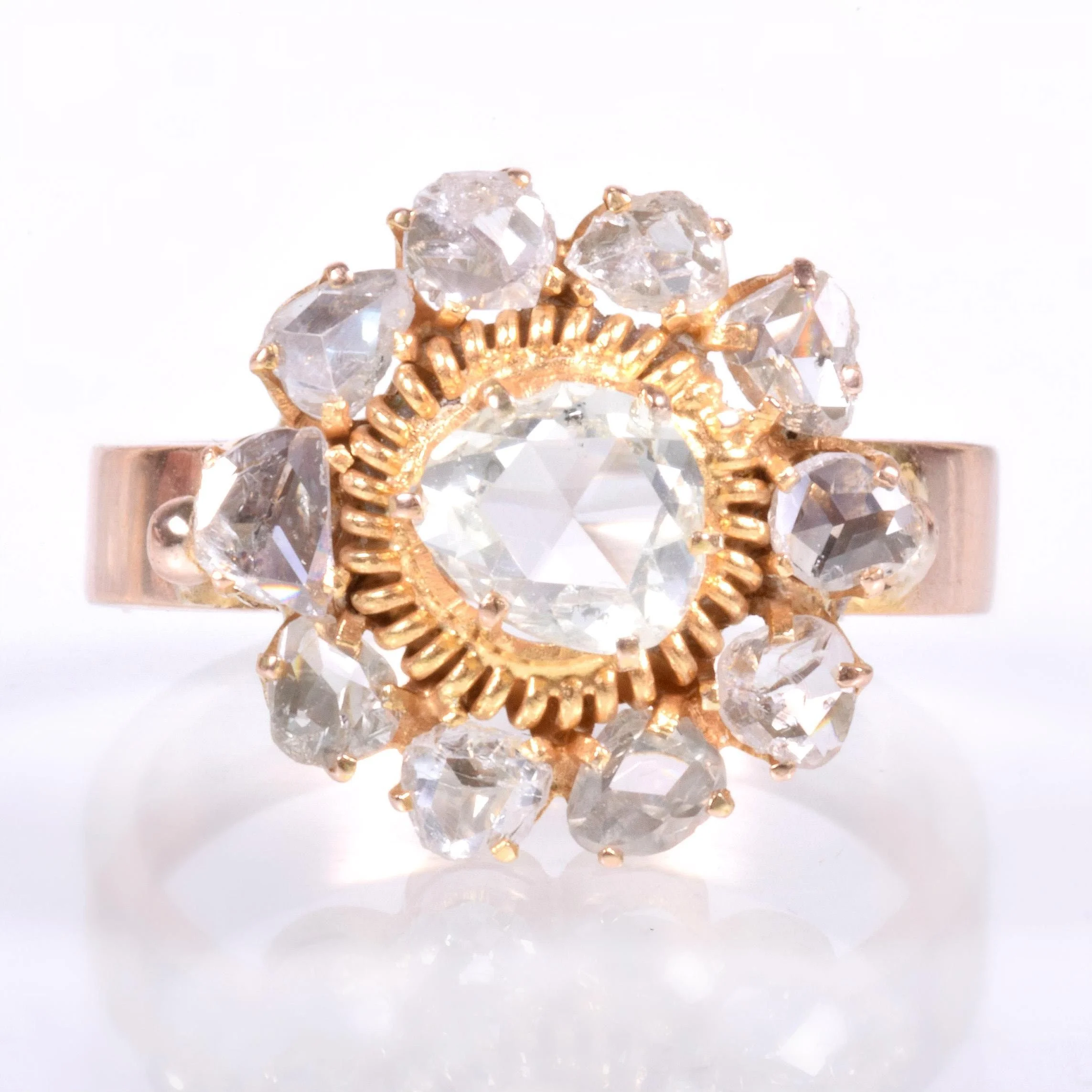 Antique Ring - Antique Victorian 18k Yellow Gold Rose Cut Diamond Flower Conversion Ring