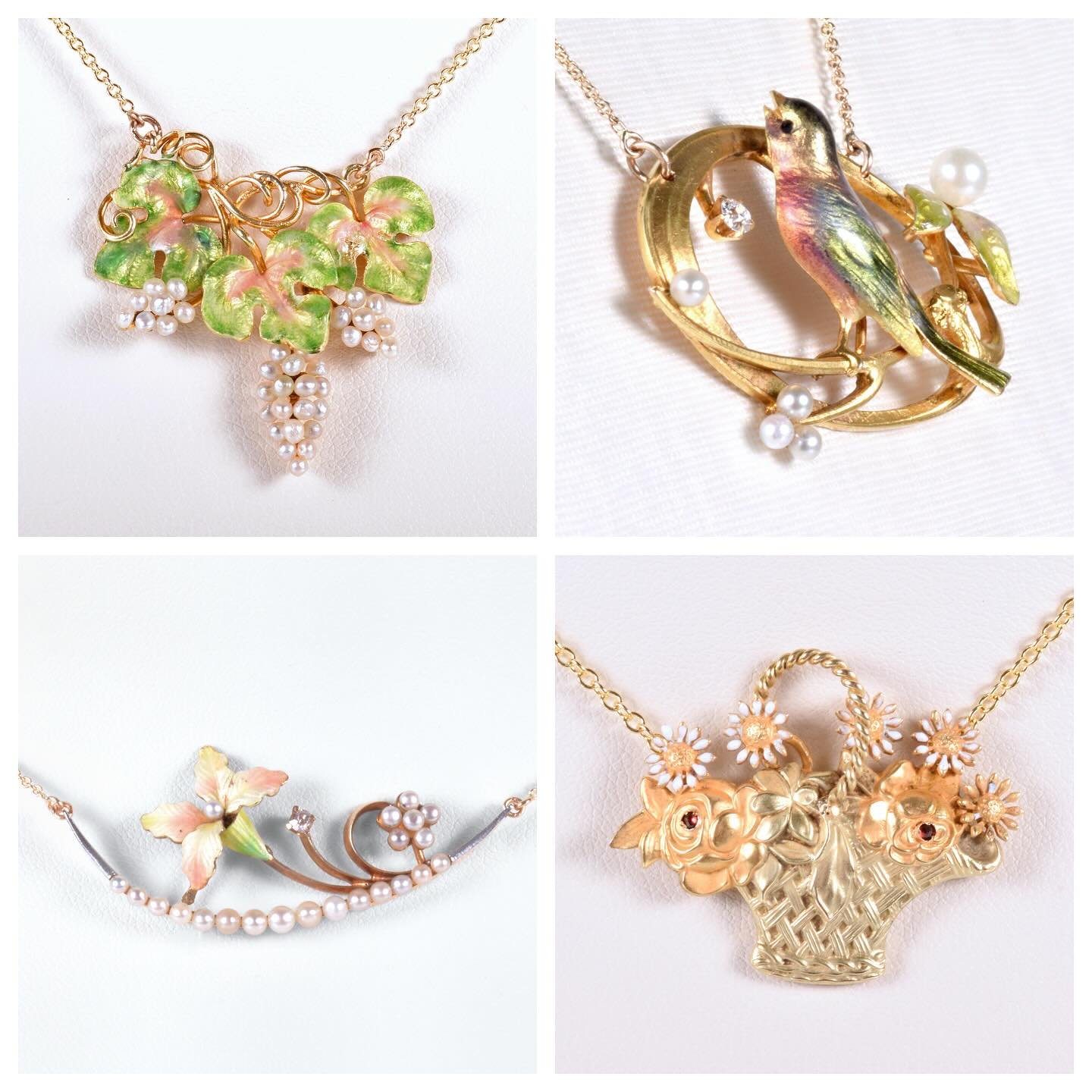 Once worn as brooches, now reimagined for a new era.

These Art Nouveau treasures have been thoughtfully transformed into necklaces&mdash;preserving their delicate enamel, luminous seed pearls, and the romance of a bygone time.

Available in store.