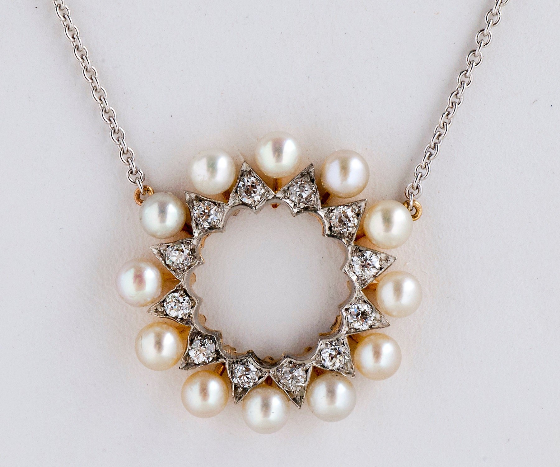 Antique Necklace - Antique Early 1900's Diamond & Natural Pearl Wreath Conversion Necklace