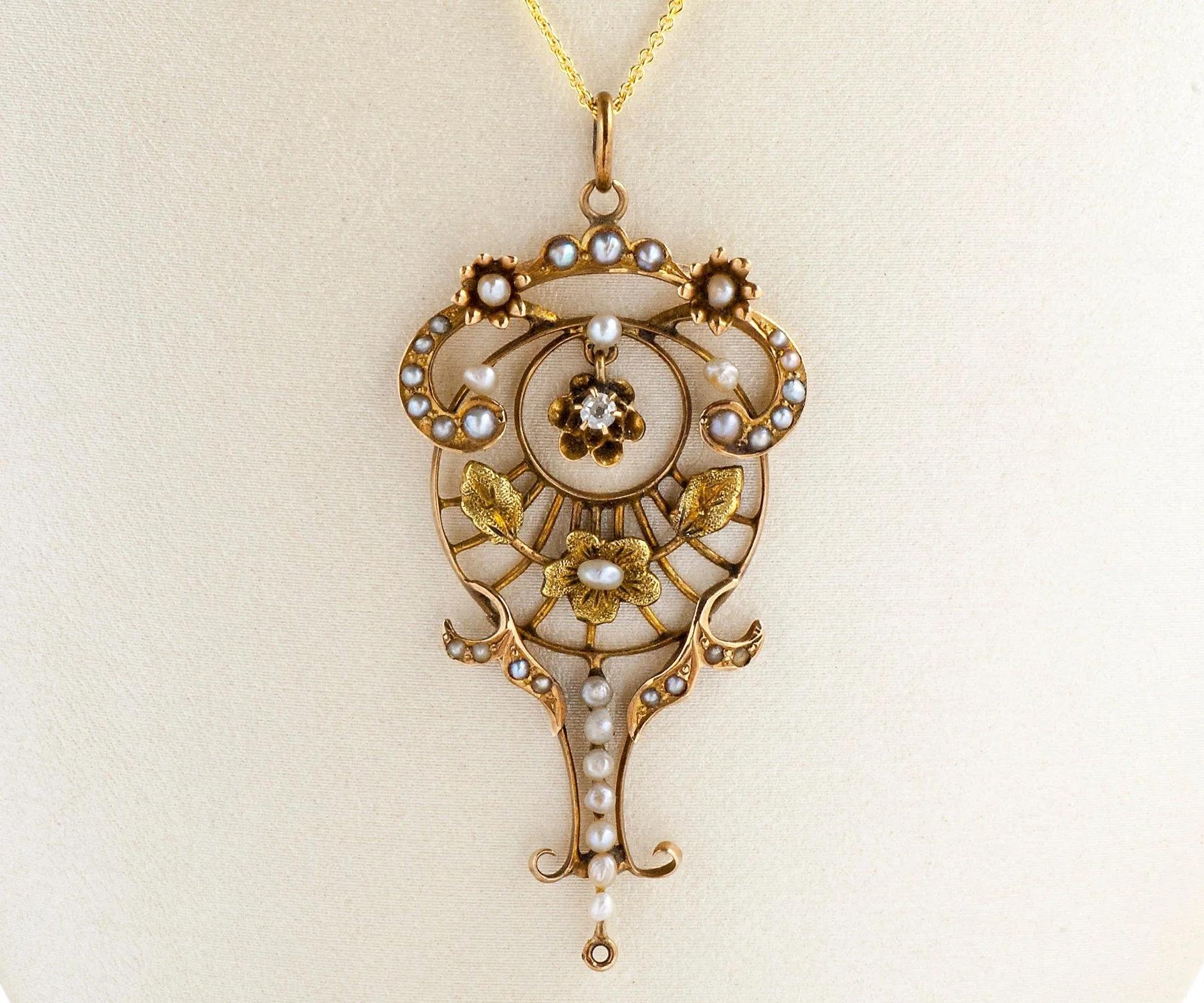Antique Necklace - Antique Victorian 14k Yellow Gold Seed Pearl & Diamond Necklace