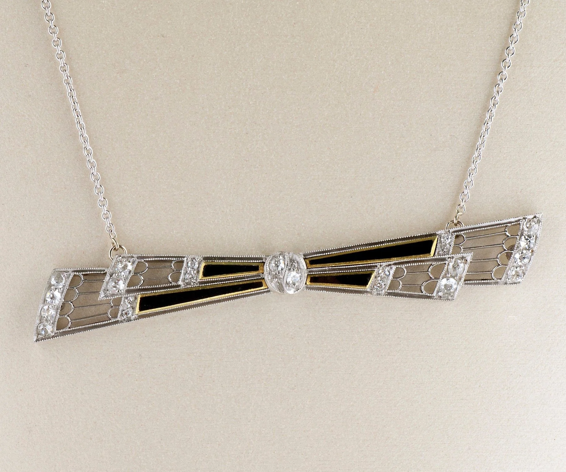 Antique Necklace - Antique Art Deco Platinum Enamel & Diamond Conversion Necklace