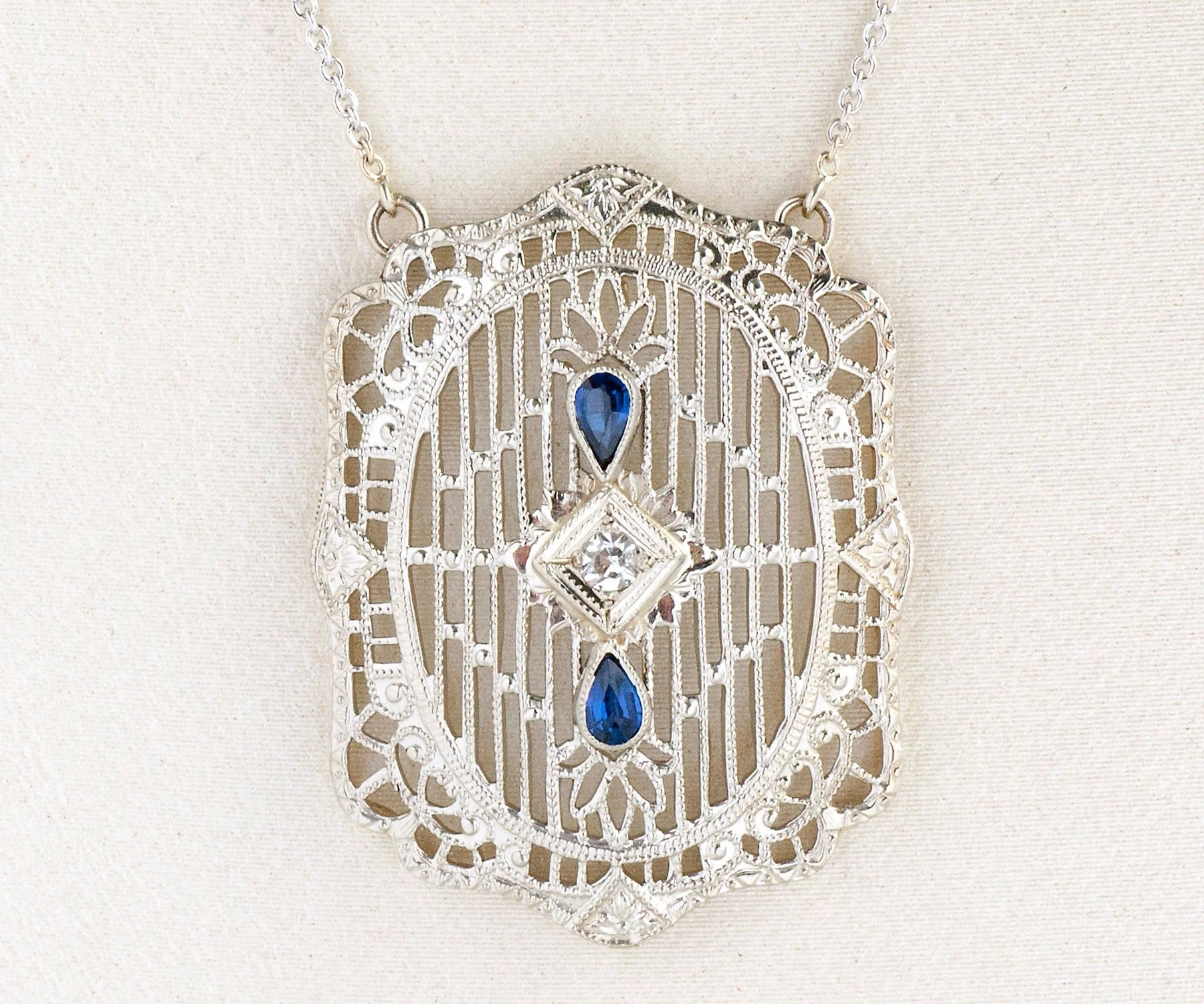 Antique Necklace - Antique Edwardian 14k White Gold Diamond & Sapphire Filigree Conversion Pendant