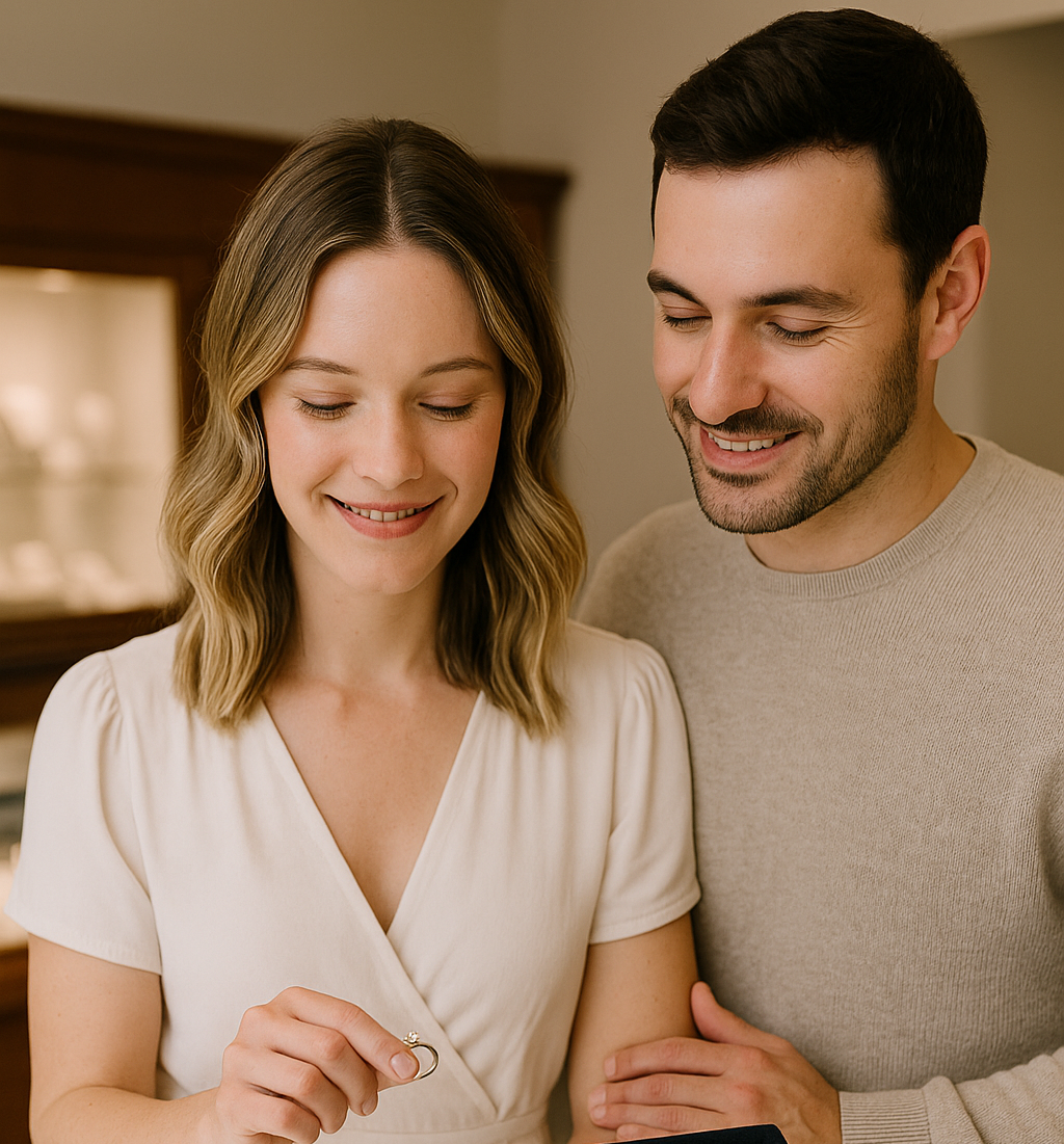 A couple shopping for engagement rings at Meridian ID's best jewelry store - Copper Canary Fine Jewelry