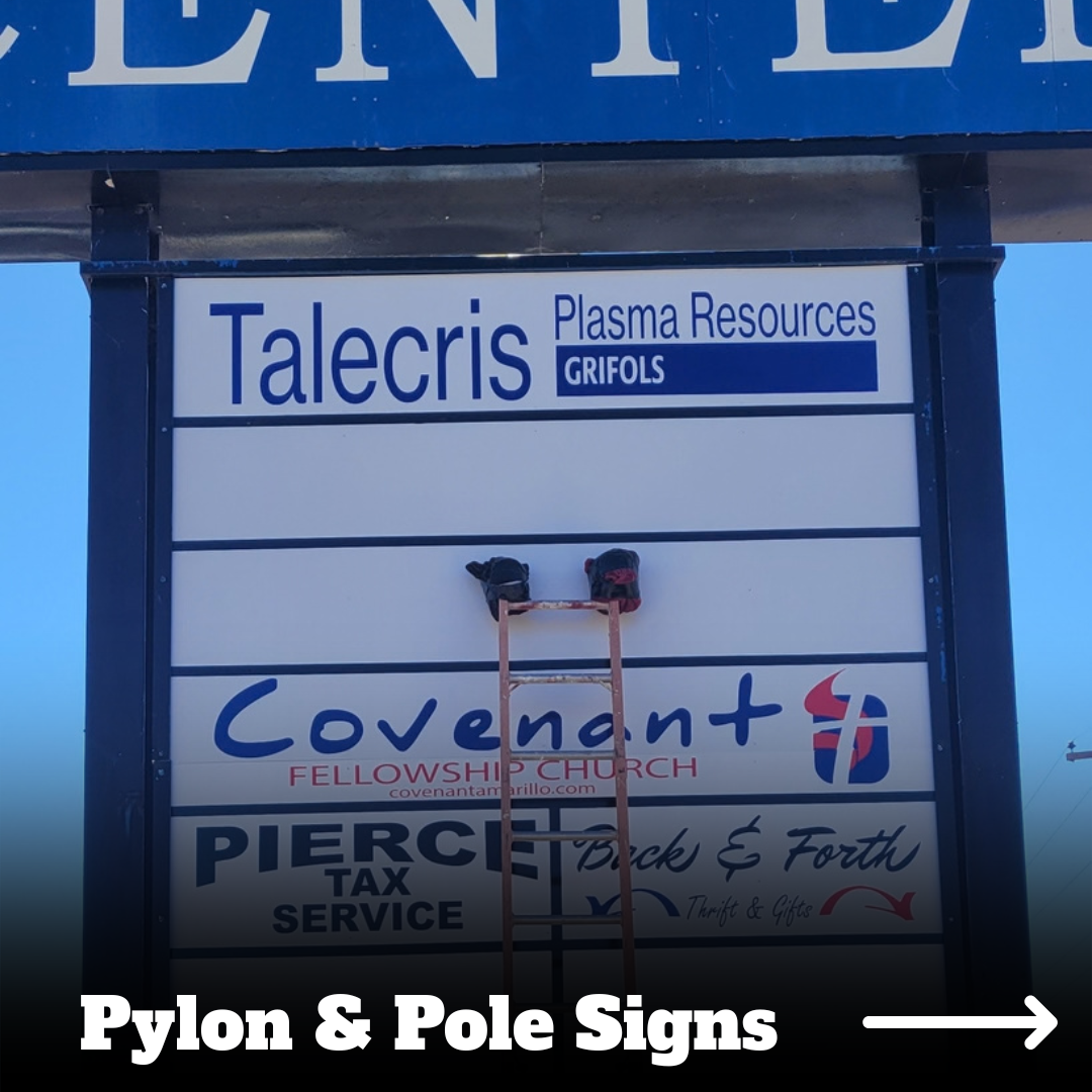 A pylon with multiple business signs attached, including a sign for Covenant Fellowship Church and Pierce Tax Service, and a display board labeled Talcris Plasma Resources with empty space where sign letters have been removed, and a ladder leaning against it with gloves on top.