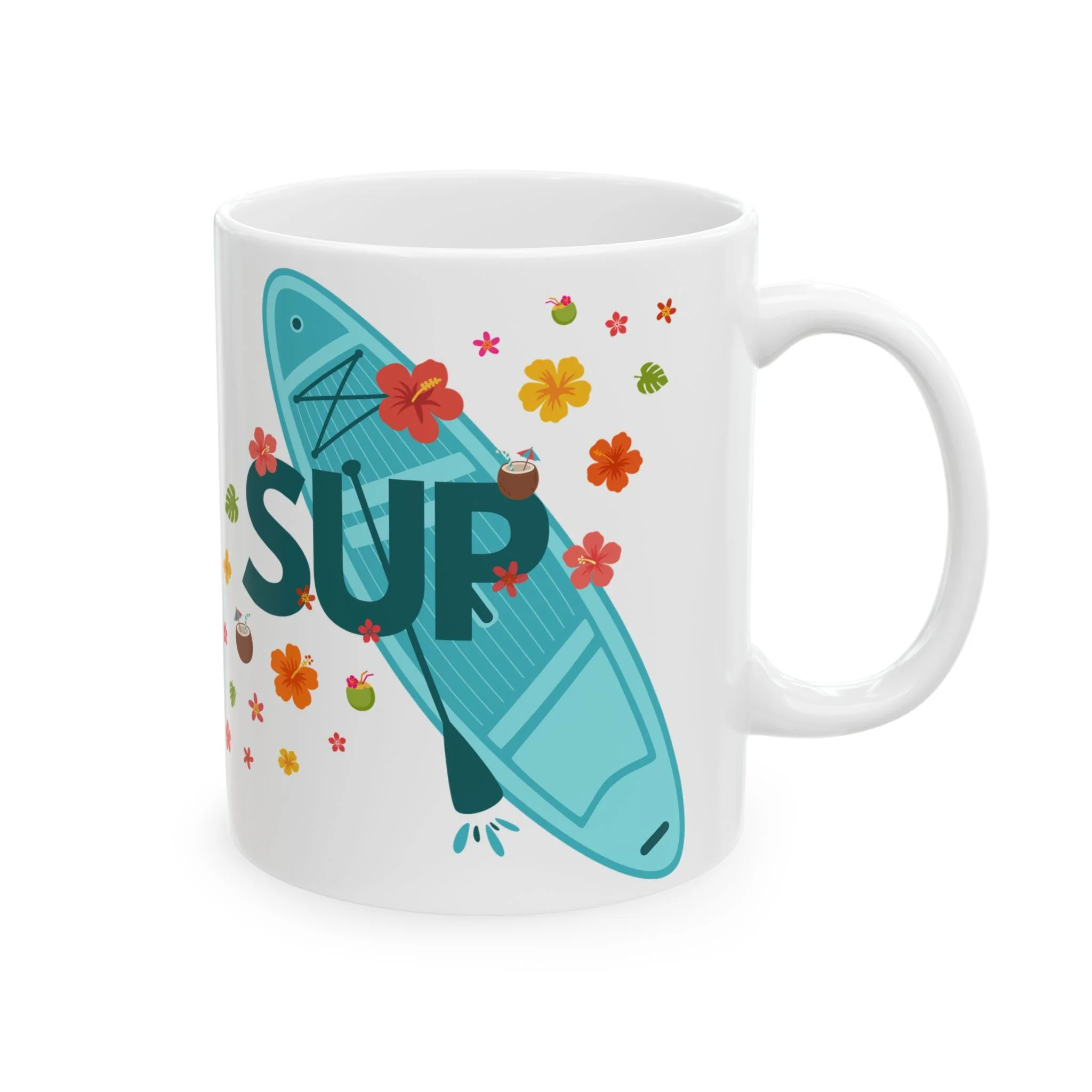 This stand-up paddle board mug features tropical colors, flowers, foliage and drinks.