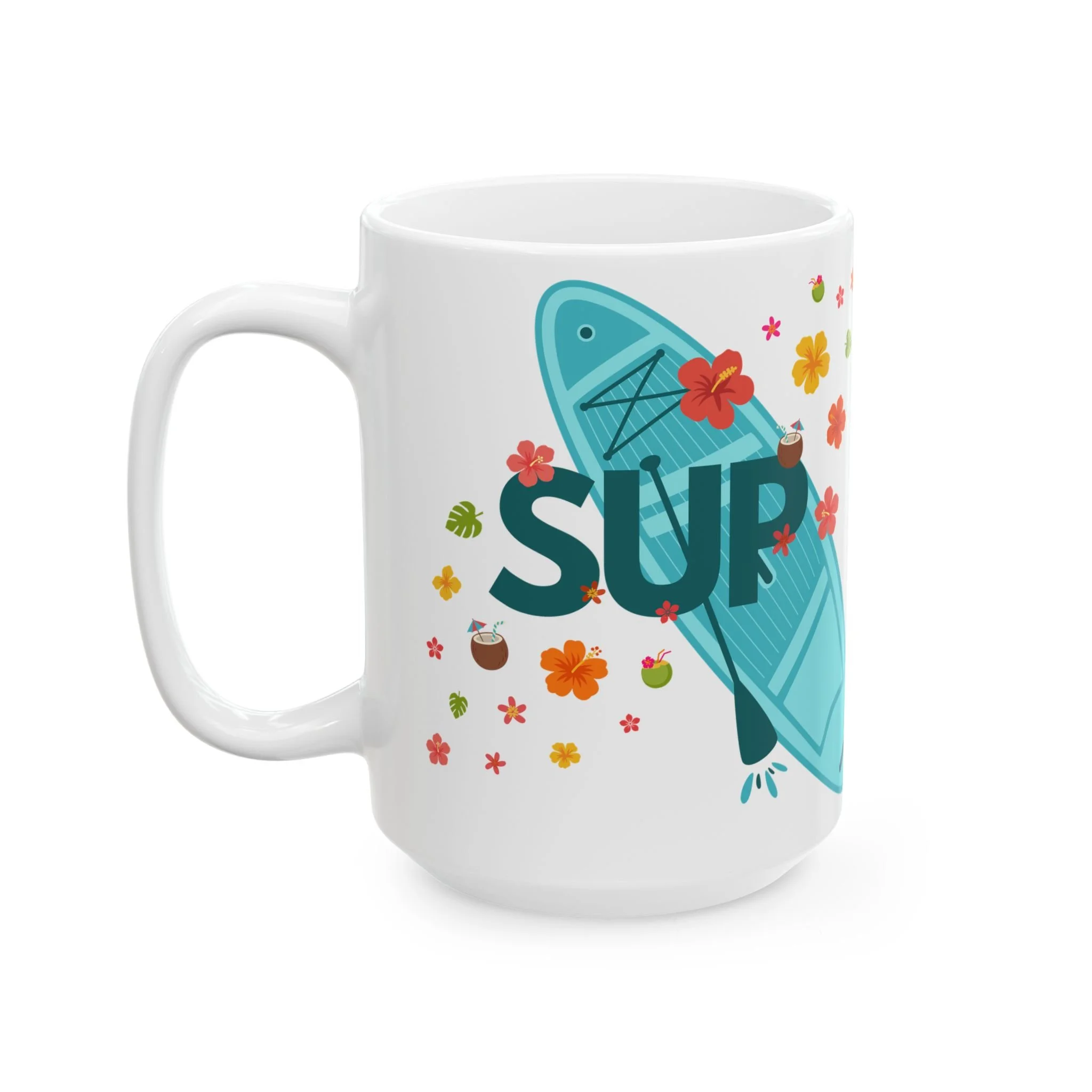 The perfect gift for SUP lovers, this stand-up paddle board mug features tropical colors, flowers, foliage and drinks.
