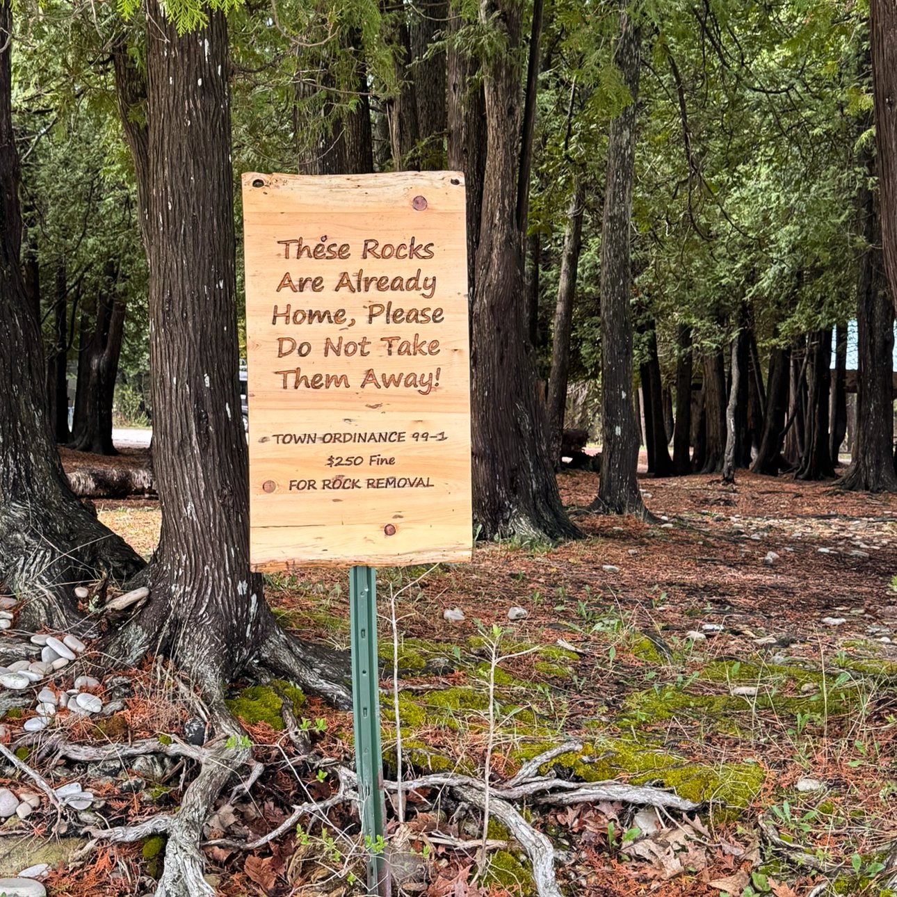 A sign at School House Beach on Washington Island, Wisconsin, urges visitors not to remove the limestone rocks and states that violations carry a $250 fine. It reads, “These rocks are already home. Please do not take them away.”
