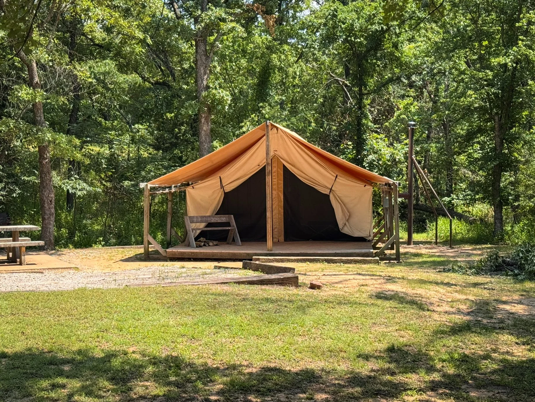 A safari-style glamping tent at Osage Hills State Park in Pawhuska, Oklahoma.