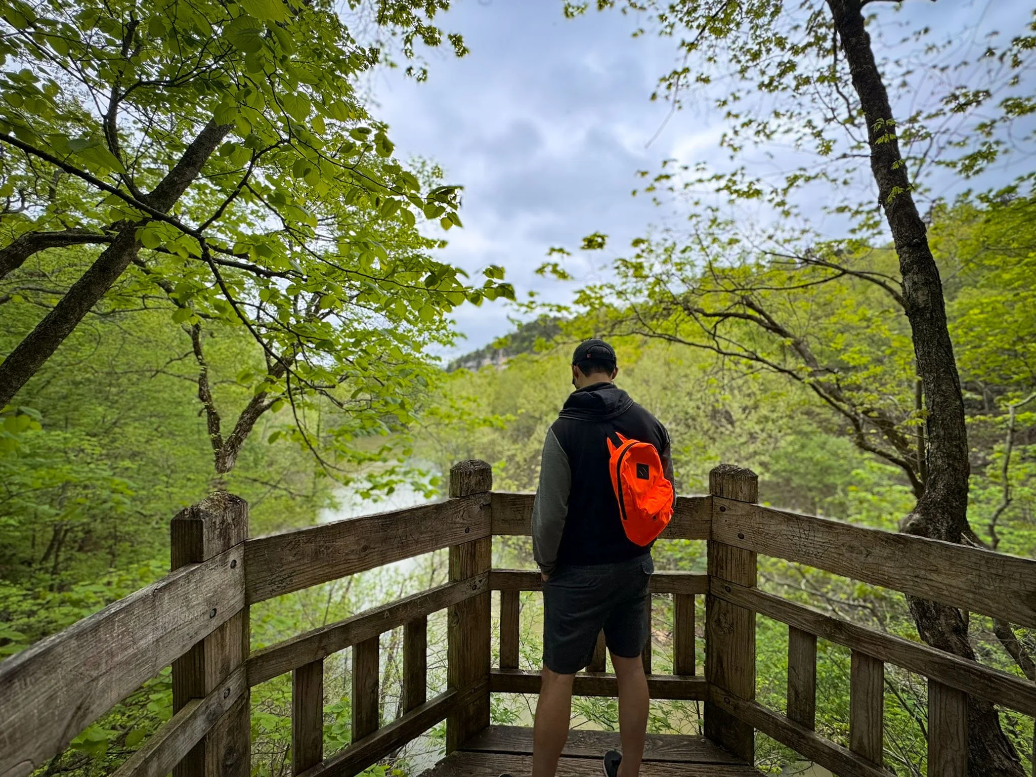 A man facing away from the camera looks out over the Niangua River from a hiking trail at Ha Ha Tonka State Park in Missouri.
