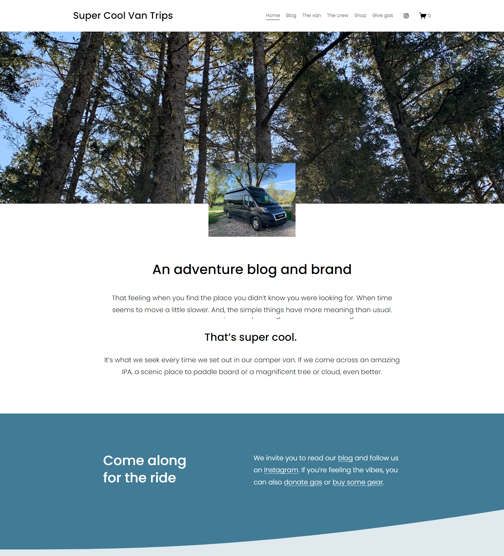 A screenshot of what the Super Cool Van Trips homepage looked like in early 2024.