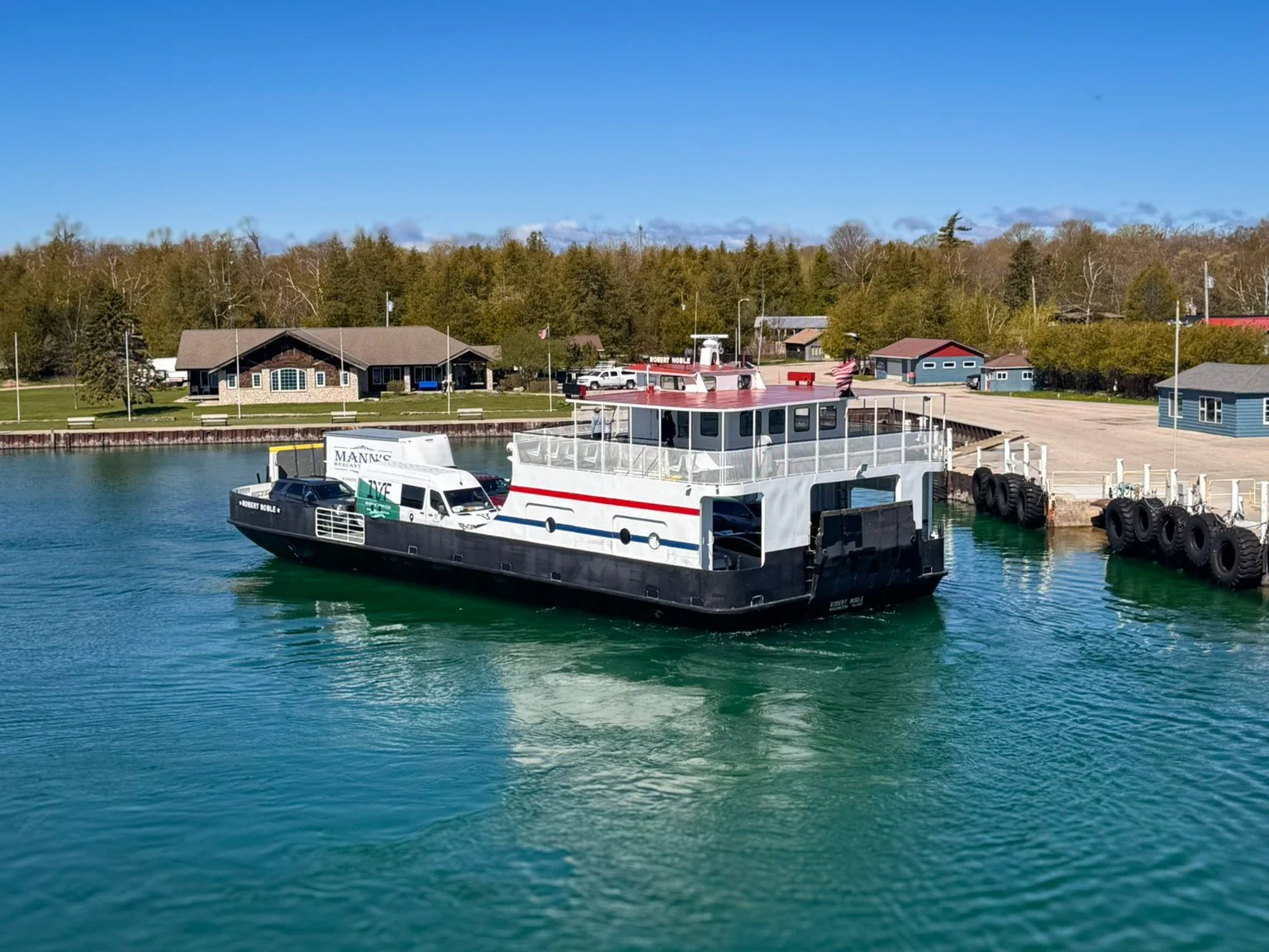 A Washington Island Ferry boat approaches the ferry terminal on Washington Island, Wisconsin.