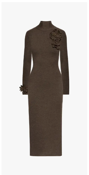 Oscar de la Renta Peony Applique Knit Dress in Brown.png