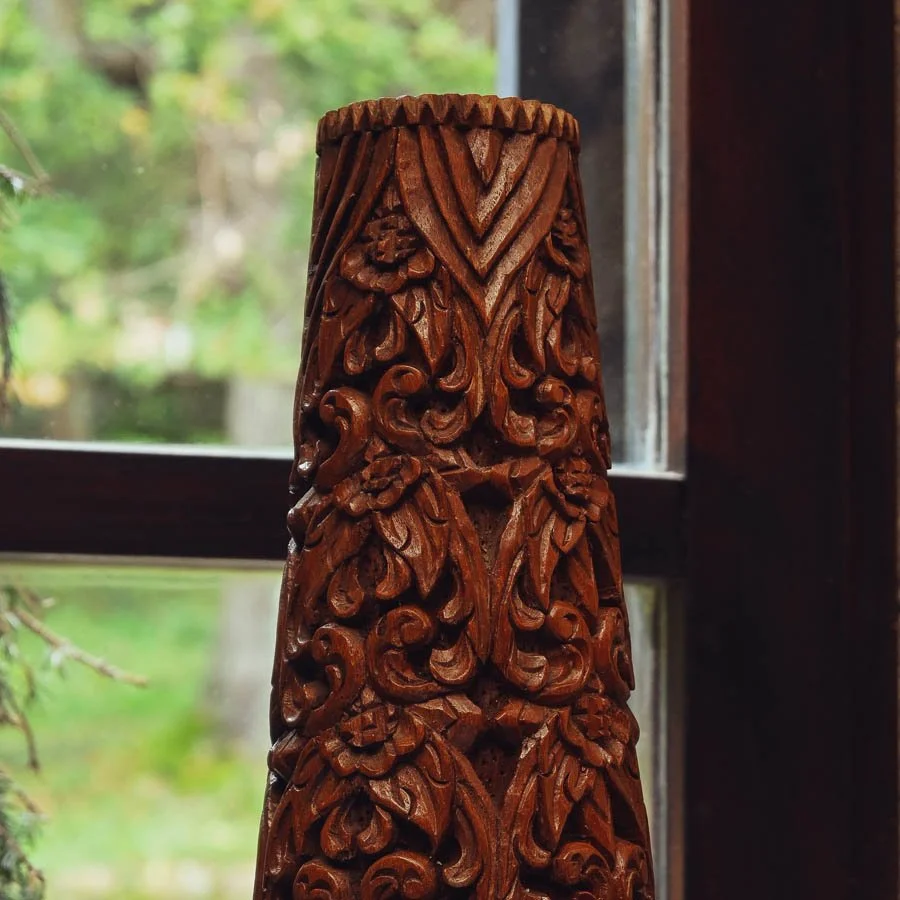 Vintage large carved wooden stand vase, floral ornaments.