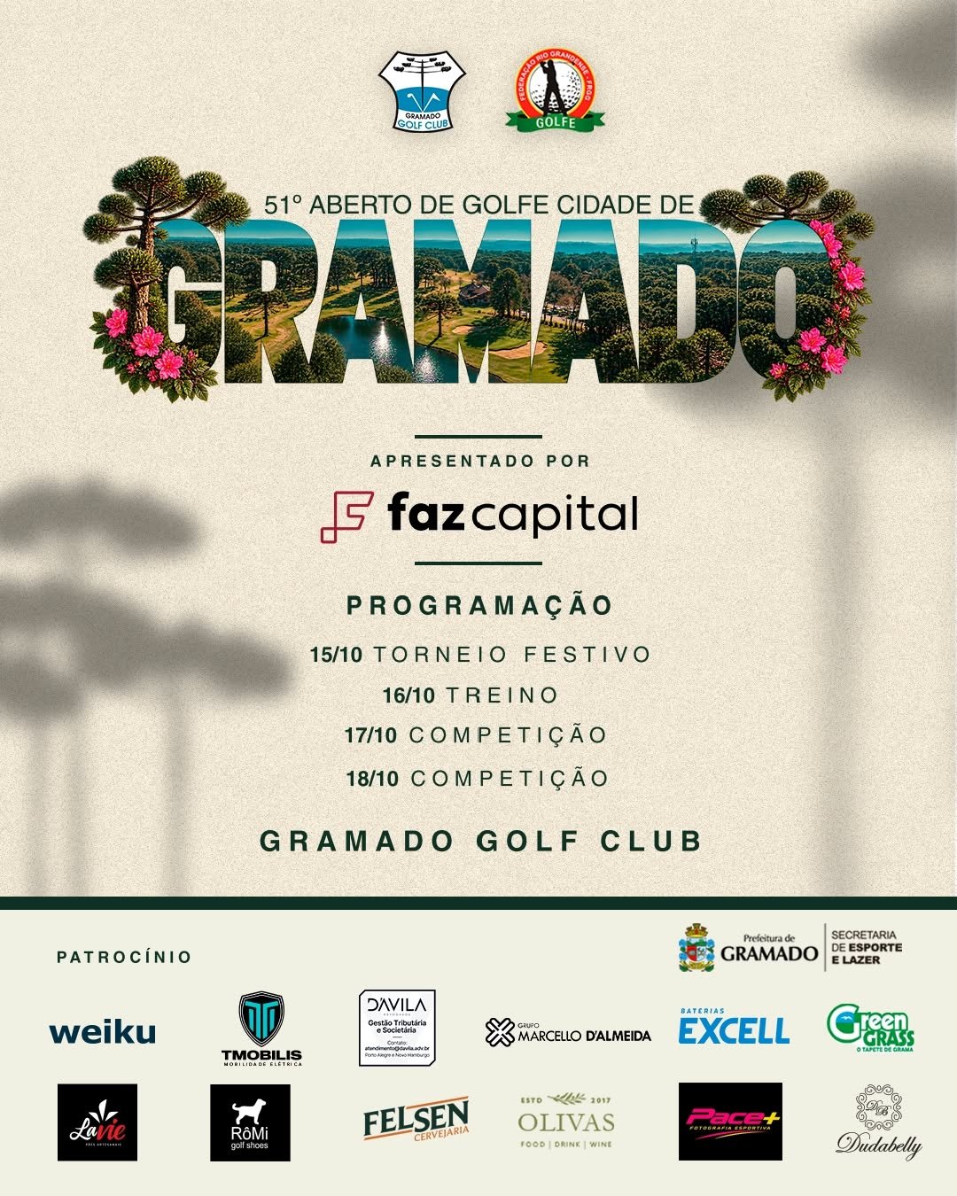 Estão abertas as inscrições para o 51’ Aberto de Golfe do Gramado Golf Club, apresentado por Faz Capital, torneio faz parte das comemorações dos 55 anos do Clube.