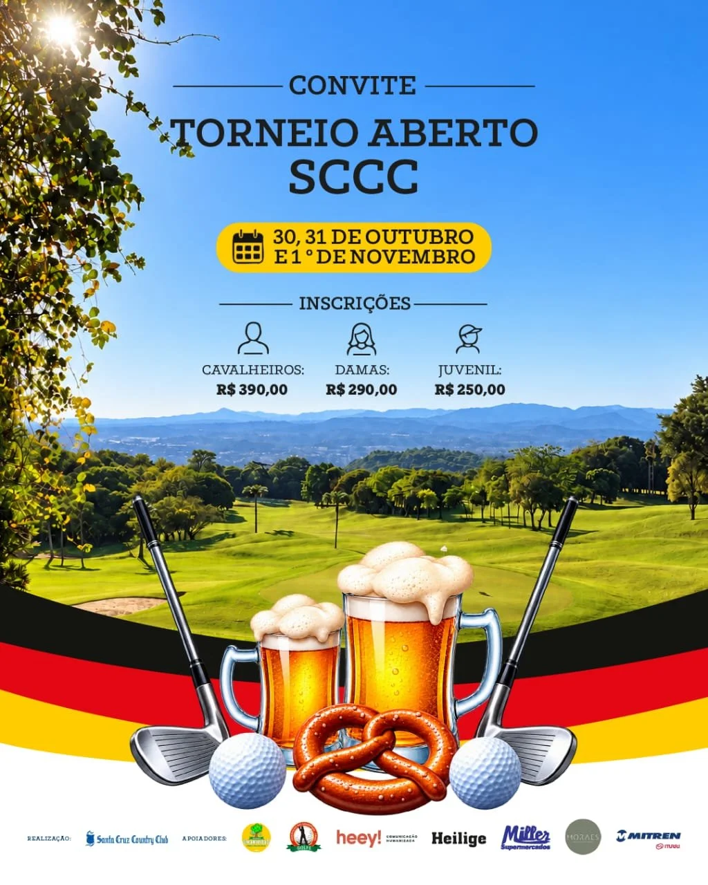 Inscrições abertas para o Torneio Aberto de Golfe Santa Cruz Country Club, 2026, válido pela Liga Riograndense. Pontuação válida para a grande final das Ligas no final do ano.