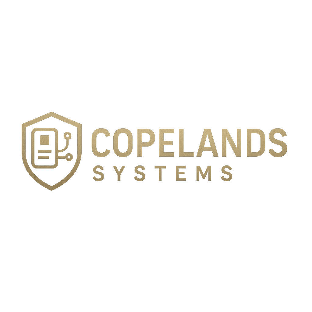 Logo of Copeland Systems with a shield and circuit icon in gold, on a black background.