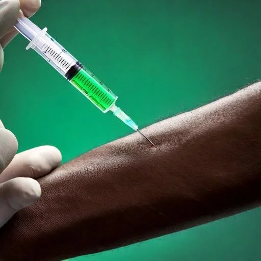 Firefly syringe going into an arm, green content, medical science communication content, very close .jpg