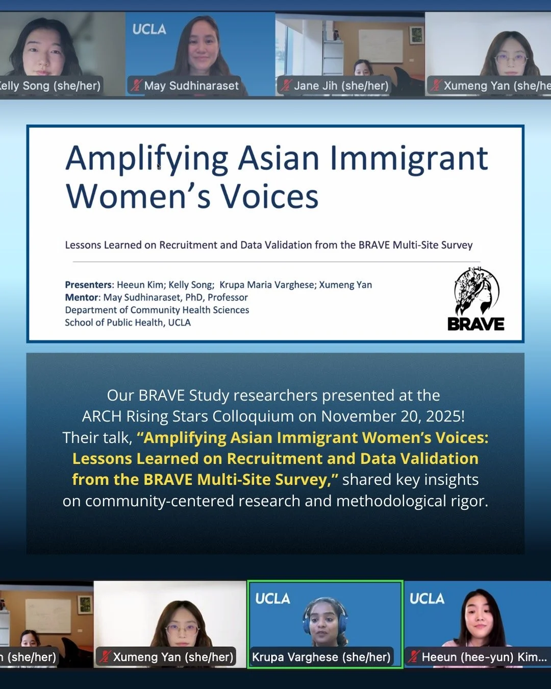 Next from our 2025 highlights🌟
Our BRAVE Study researchers presented at the 2025 ARCH Rising Stars Colloquium, sharing lessons learned on community-centered recruitment and data validation from our survey! #publichealth #communityresearch #healthequ