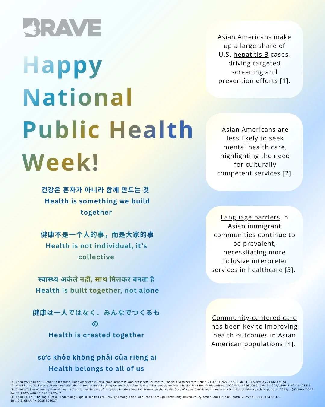 Happy National Public Health Week! 💙

Join us in raising awareness by exploring some statistics on Asian American and Asian immigrant health. 

Let&rsquo;s celebrate by learning, sharing, and advocating for healthier communities for all. 📊✨ #Public