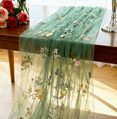 Sage Green Tulle with Butterfly Flower Embroidery, 39.37inch*27.56inch