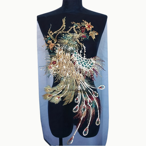 Sequin-Embroidered Peacock And Phoenix Applique Fabric Patch