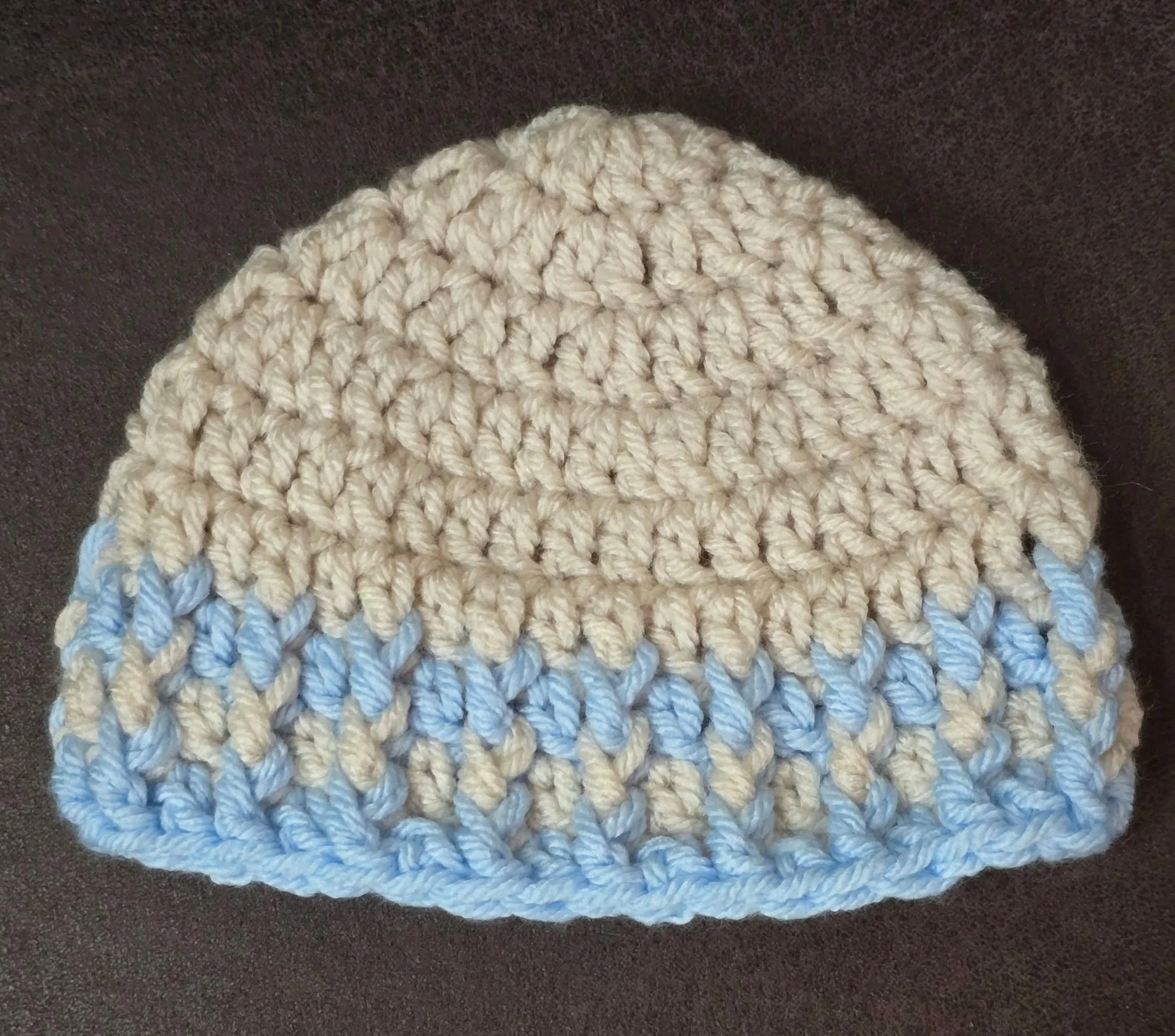 Crochet natural & blue newborn baby hat by Cozy Cottage Crochet and Gifts