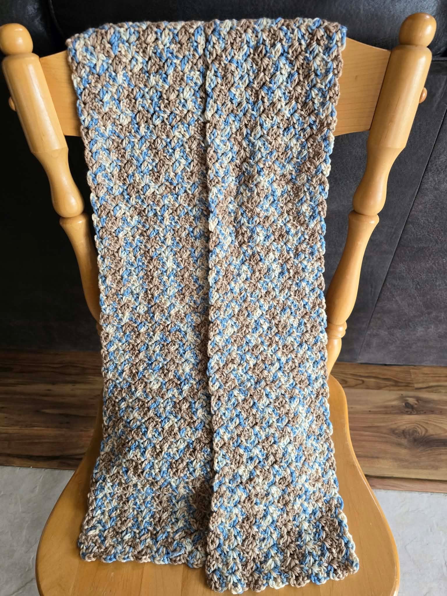 Crochet scarf in blue and browns 6 1/2" x 86"