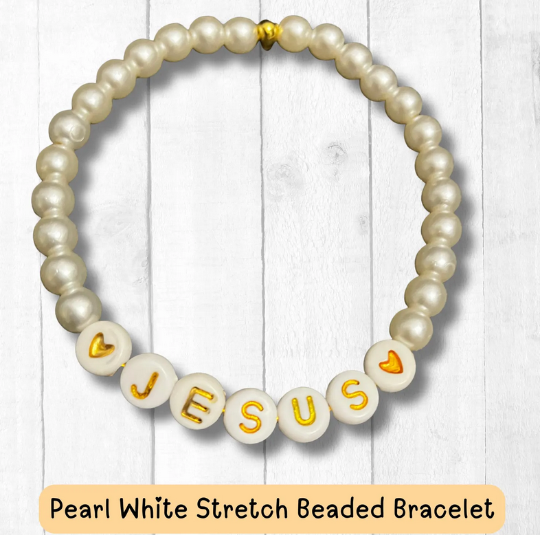Jesus Pearl Stretchy Bracelet: Gold and White Beads  by Genevieve N